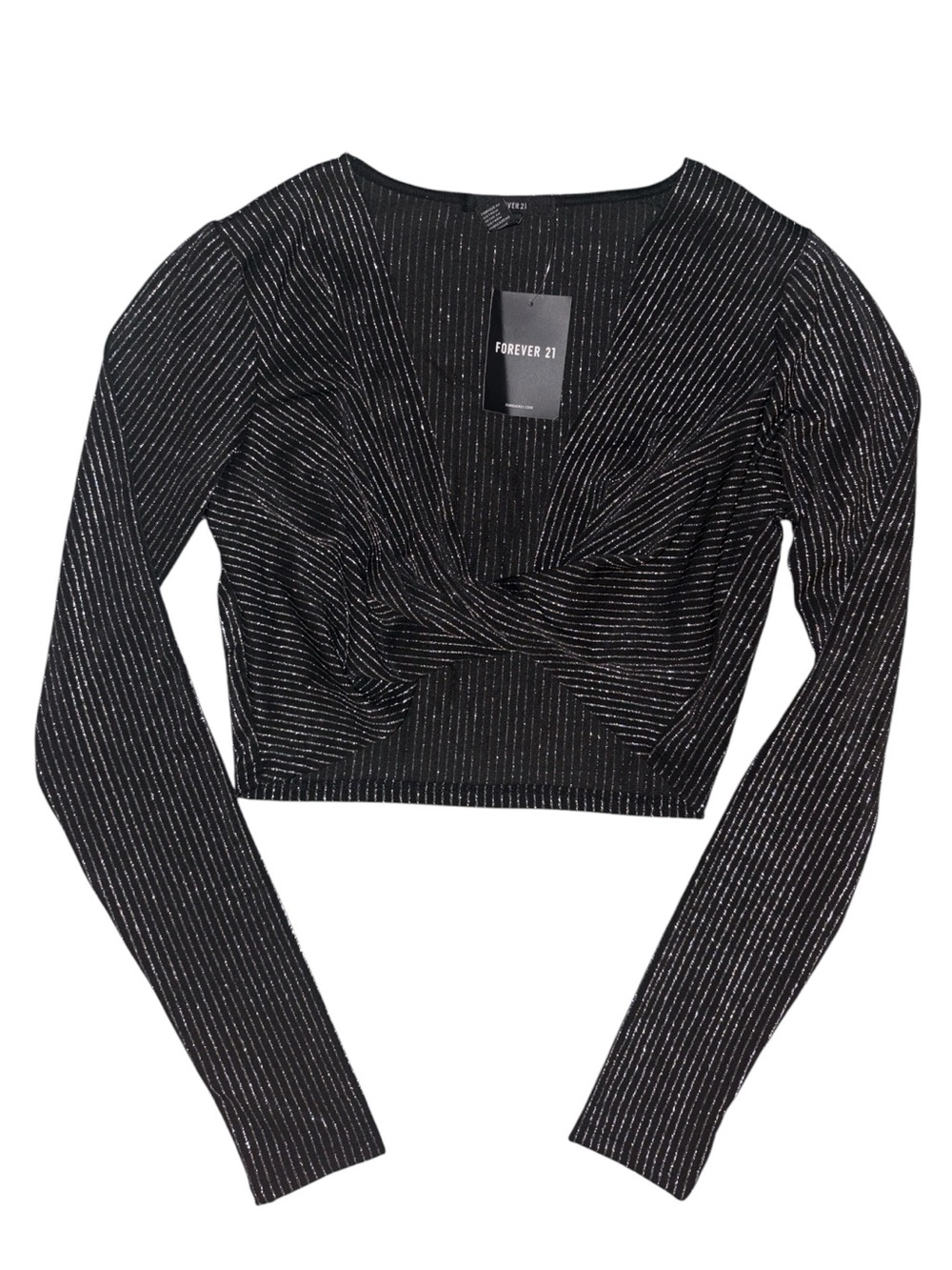 Forever 21 Black Metallic Twist-Front Long Sleeve Crop Top